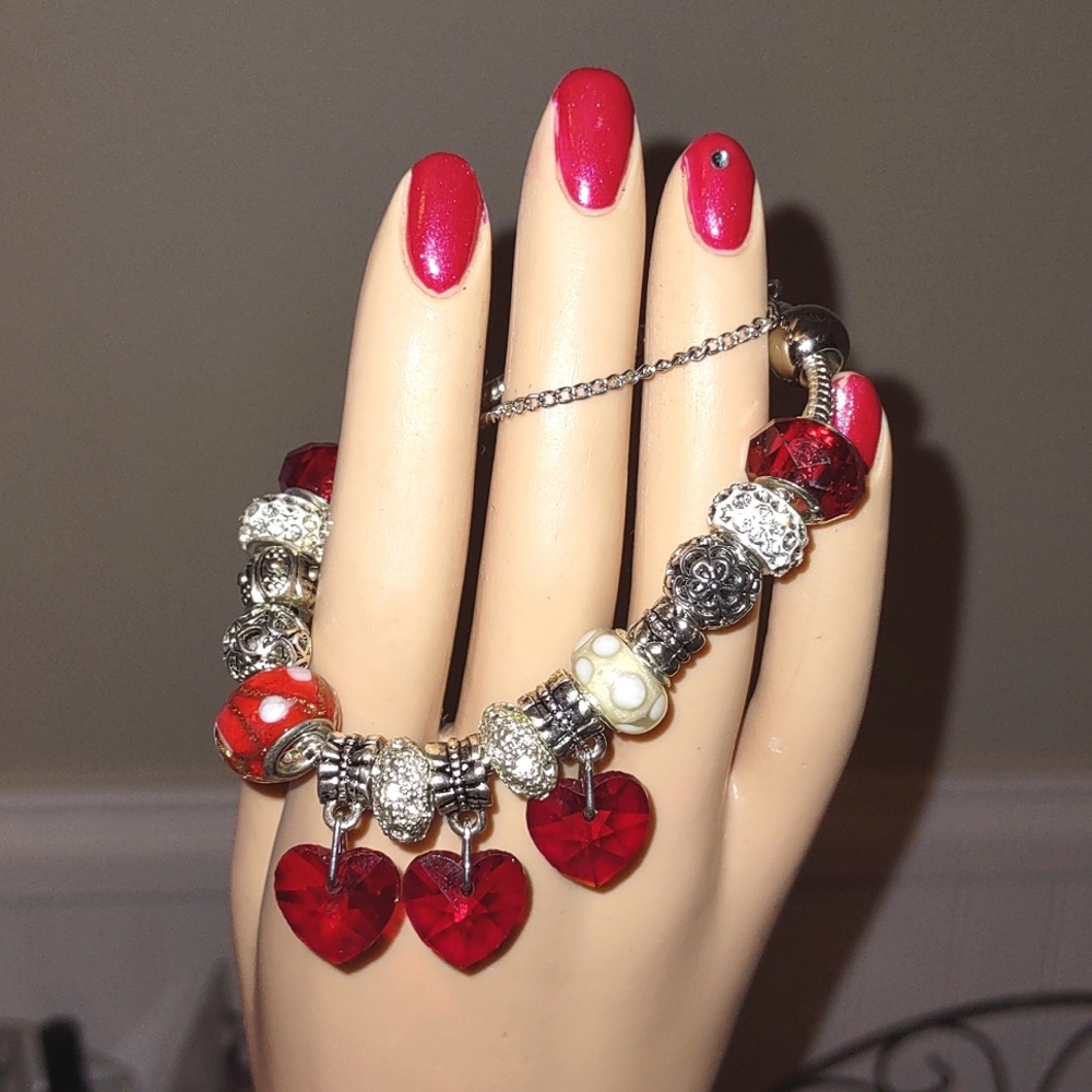Big Bead Charm Bracelet Choice; Red Hearts or Silver Football Theme